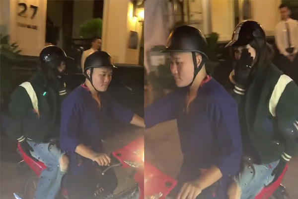 Hiền Hồ bị bắt gặp ngồi xe ôm đi ra từ khách sạn hạng sang ở Hà Nội, thấy máy ảnh vội lấy tay che mặt